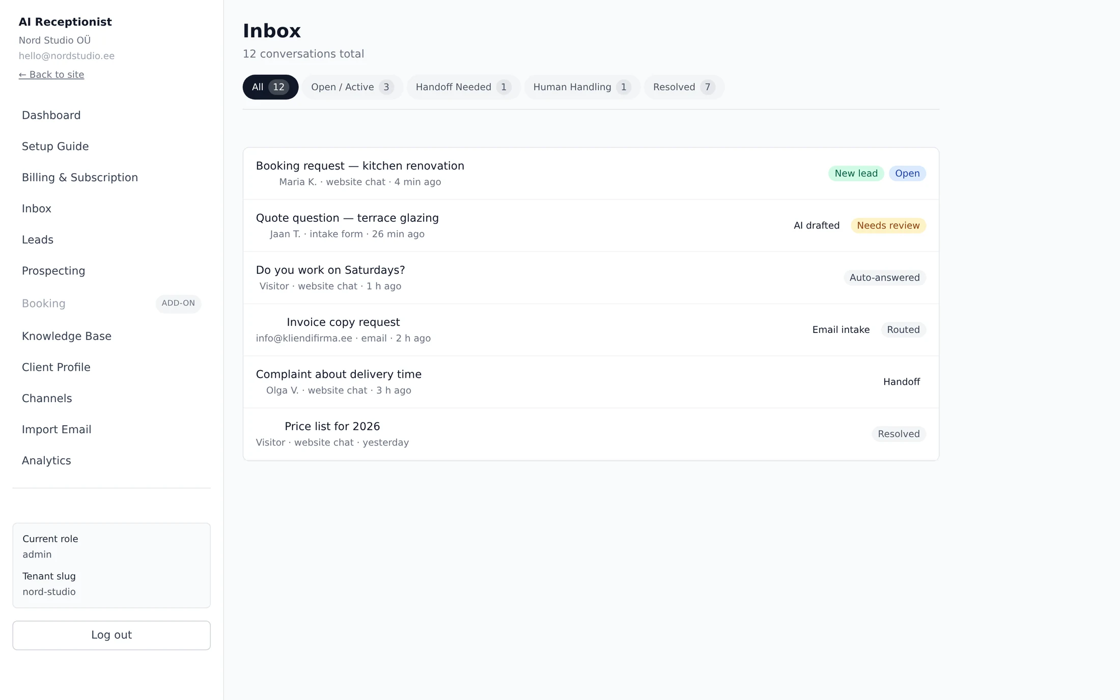 AI Receptionist operator inbox